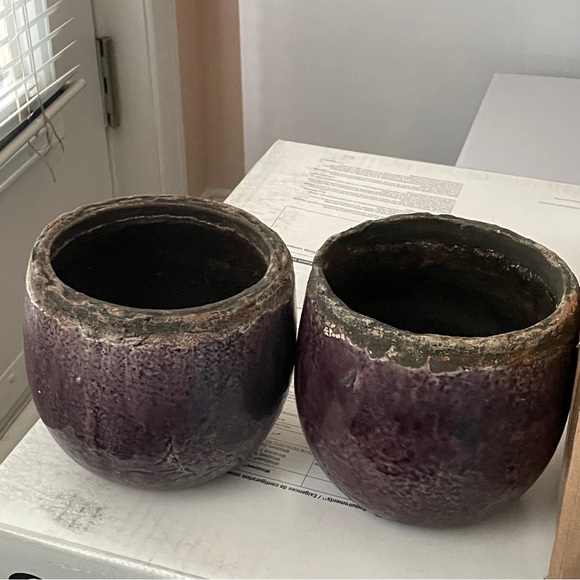 2x hand-thrown purple pottery plant pots planters 5” across top garden - Picture 1 of 7